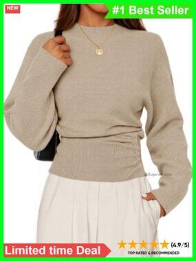 Mock Neck Batwing Sleeve Sweater Trendy Knit Pullover Cinched Waist